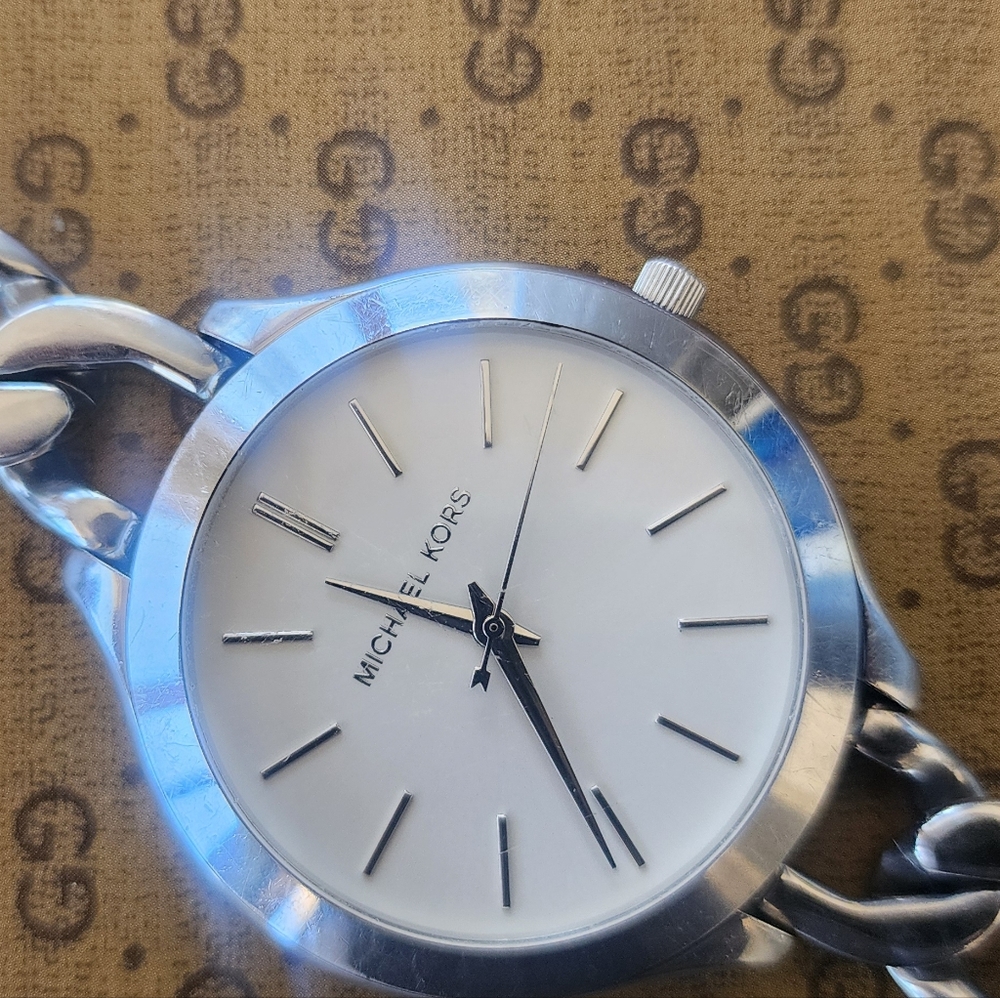 Michael Kors Silver and White Watch with Chain-Link Bracelet